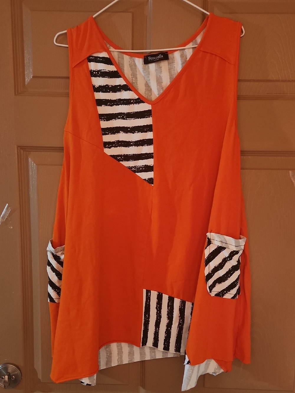 Froccella Orange Sleeveless Tunic with Black & White Stripe Accents Sz One Size